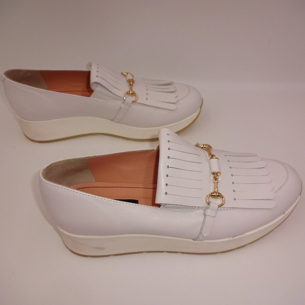 Womens Musette White Leather Loafers Slip Ons 38 8 Shoes Fringe Romania